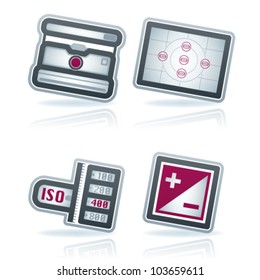 Photography tools & equipment icons set, pictured here from left to right: Old fashion camera, Viewfinder grid, ISO dial, Black & White balance.
