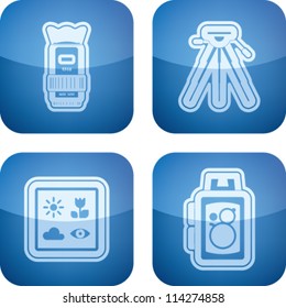 Photography tools & equipment icons set, pictured here from left to right, top to bottom:  Camera lens, Tripod, Camera predefined program icons, Old fashion camera.