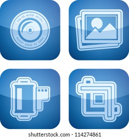 Photography tools & equipment icons set, pictured here from left to right, top to bottom:  Camera lens, Pictures, Photo icon, Film strip, Camera film, Crop Tool.