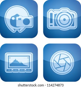 Photography tools & equipment icons set, pictured here from left to right, top to bottom:  Woman photography, Professional Camera (DSLR), Histogram, Shutter.