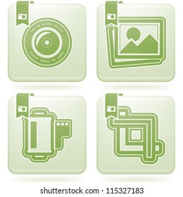 Photography tools & equipment icons set, pictured here from left to right, top to bottom:  Camera lens, Pictures, Photo icon, Film strip, Camera film, Crop Tool.