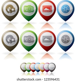 Photography tools & equipment icons set, pictured here from left to right:  Woman photography, Professional Camera (DSLR), Histogram, Shutter.