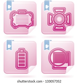 Photography tools & equipment icons set, pictured here from left to right:  Camera bag, Studio light, Battery indicator, Lens filter.
