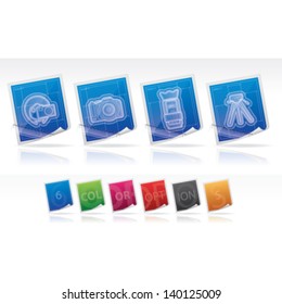 Photography tools & equipment icons set, pictured here from left to right:   Woman photography, Professional Camera (DSLR), Histogram, Shutter.