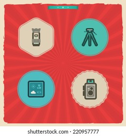 Photography tools & equipment icons set, pictured here from left to right, top to bottom -  Camera lens, Tripod, Camera predefined program icons, Old fashion camera.