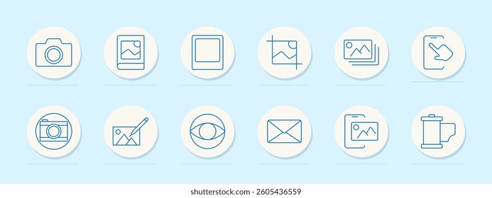 Photography tools set icon. Camera, polaroid, frame, crop, gallery, phone gesture, edit, envelope, roll, pencil, eye, vision, photo app, filter, image