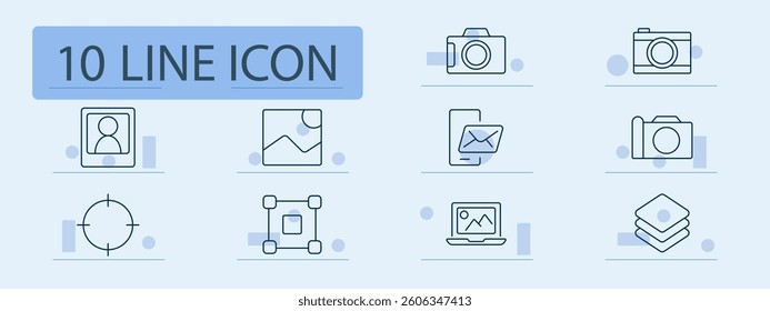 Photography tools set icon. Camera, image, editing, portrait, smartphone, frame, crop, design, layers, laptop, gallery, focus, capture
