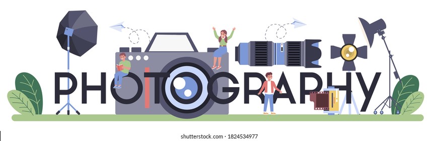 Photography Typographic Header. Professional Photographer Teaching Kid Of Light Setting And Photo Editing. Artistic Hobby And Photography Class. Isolated Flat Vector Illustration