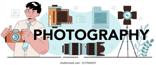 Photography typographic header. Students lerning to take photos, light setting and photo editing. Artistic hobby and photography school club or course. Flat vector illustration