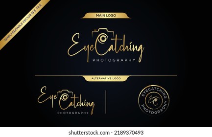 Photography Typography Signature Logo of the photographer. camera shutter. The abstract symbol for a Photo Studio in a simple minimalistic style. Vector logo template for photography signature logo