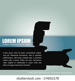 Fundo de vetor de fotografia com uma câmera de silhueta com flash e um lugar para conteúdo de texto. Pode ser usado para brochura, cartaz, folheto e outro material impresso.