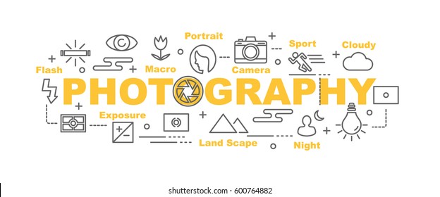 photography vector banner design concept, flat style with thin line art icons on white background
