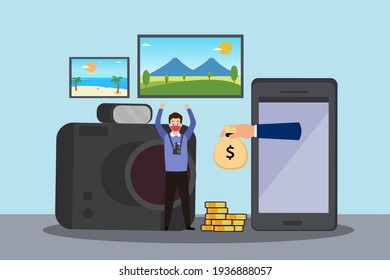 Photography vector concept: Male photographer getting income from smart phone while wearing face mask in new normal