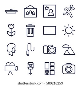 Photography vector icons. Set of 16 Photography outline icons such as camera, camera lense, soft box, wire, burst, contrast, bin, face, mountain, flower, running