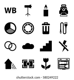 Photography vector icons. Set of 16 Photography filled icons such as camera shutter, camera printing photo, studio lapm, wire, WB, arrow up, cloud, no flash, bin, stair