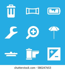 Photography Vector Icons. Set Of 9 Photography Filled Icons Such As Panorama Mode, Camera Lense, Camera Tape, Studio Umbrella, Broken Battery, Light Exposure, Zoom In, Bin