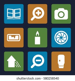 Photography Vector Icons. Set Of 9 Photography Filled Icons Such As Camera, Camera Shutter, Camera Lense, Photo Album, Broken Battery, Arrow Up, Zoom In, Zoom Out