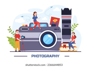 Fotografie-Vektorgrafik mit Kamera und Ausrüstung zur Erfassung von Reisen, Tourismus, Abenteuer und Erinnerungen in einem flachen Cartoon-Hintergrunddesign
