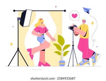 Photography Vector Illustration Featuring a Camera and Equipment for Capturing Travel, Tourism, Adventure, and Memories in a Flat Style Background