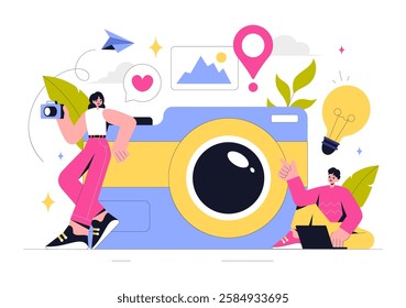 Photography Vector Illustration Featuring a Camera and Equipment for Capturing Travel, Tourism, Adventure, and Memories in a Flat Style Background