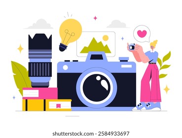 Photography Vector Illustration Featuring a Camera and Equipment for Capturing Travel, Tourism, Adventure, and Memories in a Flat Style Background