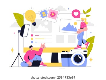 Photography Vector Illustration Featuring a Camera and Equipment for Capturing Travel, Tourism, Adventure, and Memories in a Flat Style Background