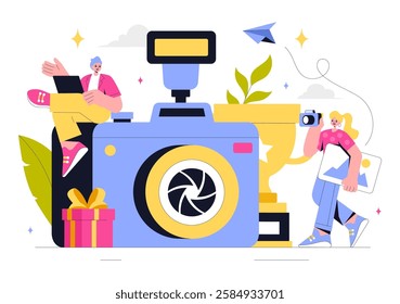 Photography Vector Illustration Featuring a Camera and Equipment for Capturing Travel, Tourism, Adventure, and Memories in a Flat Style Background