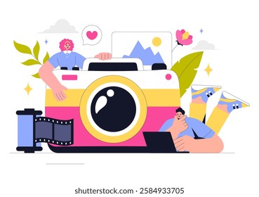 Photography Vector Illustration Featuring a Camera and Equipment for Capturing Travel, Tourism, Adventure, and Memories in a Flat Style Background