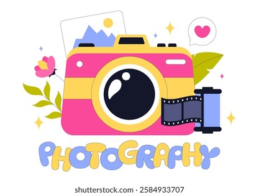 Photography Vector Illustration Featuring a Camera and Equipment for Capturing Travel, Tourism, Adventure, and Memories in a Flat Style Background