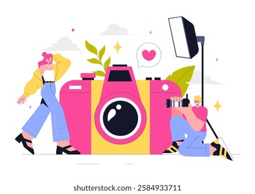 Photography Vector Illustration Featuring a Camera and Equipment for Capturing Travel, Tourism, Adventure, and Memories in a Flat Style Background