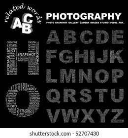 PHOTOGRAPHY. Vector letter collection. Wordcloud illustration.