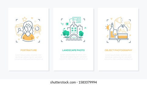 Photography - Vector Line Design Style Banners Set With Place For Text. Linear Illustrations With Icons. Portraiture, Landscape And Object, Still Life Types Of Photo. Studio Courses, Workshops Idea