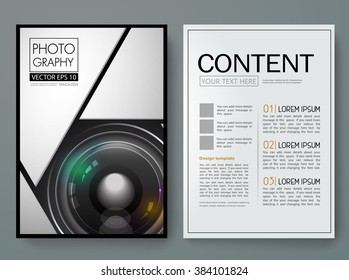 Photography Vector Magazine. Modern Flyers Brochure Cover Report Portfolio Design Templates.A4 Layout With 3d Lens Camera. Use For Business Poster Book And Presentation.