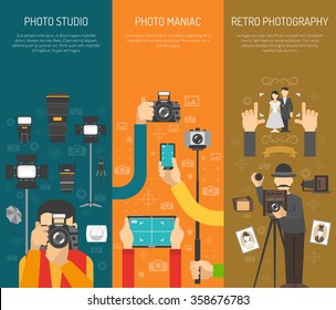 Photography vertical banner set with retro photo studio elements isolated vector illustration