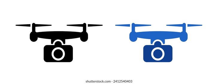 Photography video drone icon with large camera set black and  blue color simple unmanned                                                                   aerial vehicle 