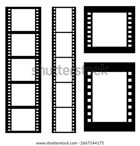 Photography and video elements. Set of film photo reel stripes, full shot reel element, analog photo frame template isolated on white, vector illustration flat.