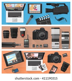 Photography, video making and photo editing banner set with professional equipment, laptops and camera, flat lay