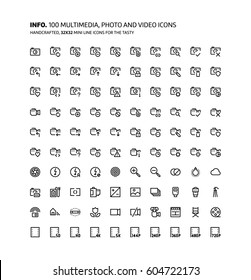 Photography, video, music mini line, illustrations, icons, backgrounds and graphics. The icons pack is black and white, flat, vector, pixel perfect, minimal, suitable for web and print.