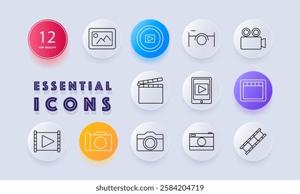 Photography and video set icon. Image, video player, camera, clapperboard, film reel, smartphone recording, screen interface, movie production, digital media