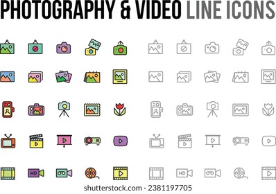 Photography,  video vector bright coloured thin line icon collection for app, mobile website responsive 	
