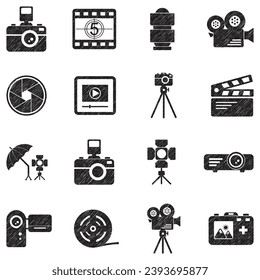 Photography and Videography Icons. Black Scribble Design. Vector Illustration.