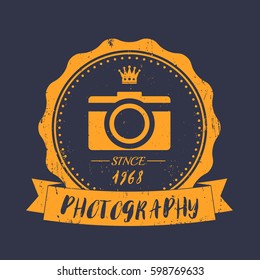photography vintage logo with retro camera, vector emblem, badge