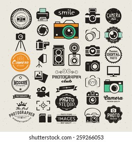 Photography vintage retro icons  badges   labels set  Vector photography logo templates