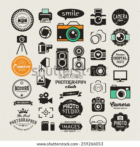 Photography vintage retro icons, badges and labels set. Vector photography logo templates