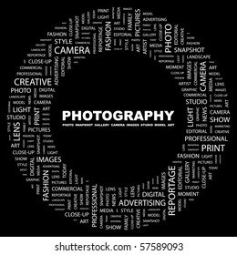 PHOTOGRAPHY. Word collage on black background. Illustration with different association terms.