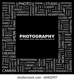 PHOTOGRAPHY. Word collage on black background. Illustration with different association terms.