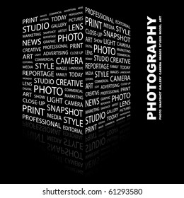 PHOTOGRAPHY. Word collage on black background. Illustration with different association terms.