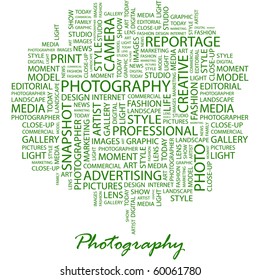 PHOTOGRAPHY. Word collage on white background. Illustration with different association terms.