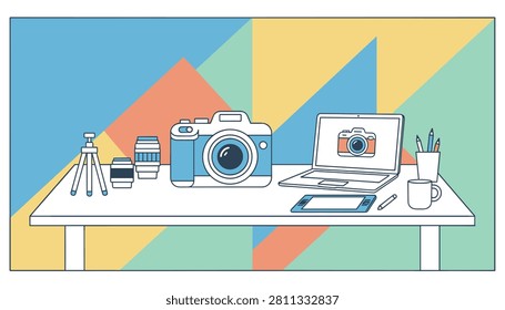 Photography workplace with a professional camera, lenses, tripod, laptop, tablet, and pen on a colorful backdrop.