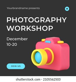 Photography workshop art hobby or professional courses skills improvement with photo camera 3d icon landing page vector illustration. Photographer occupation studying education promo post